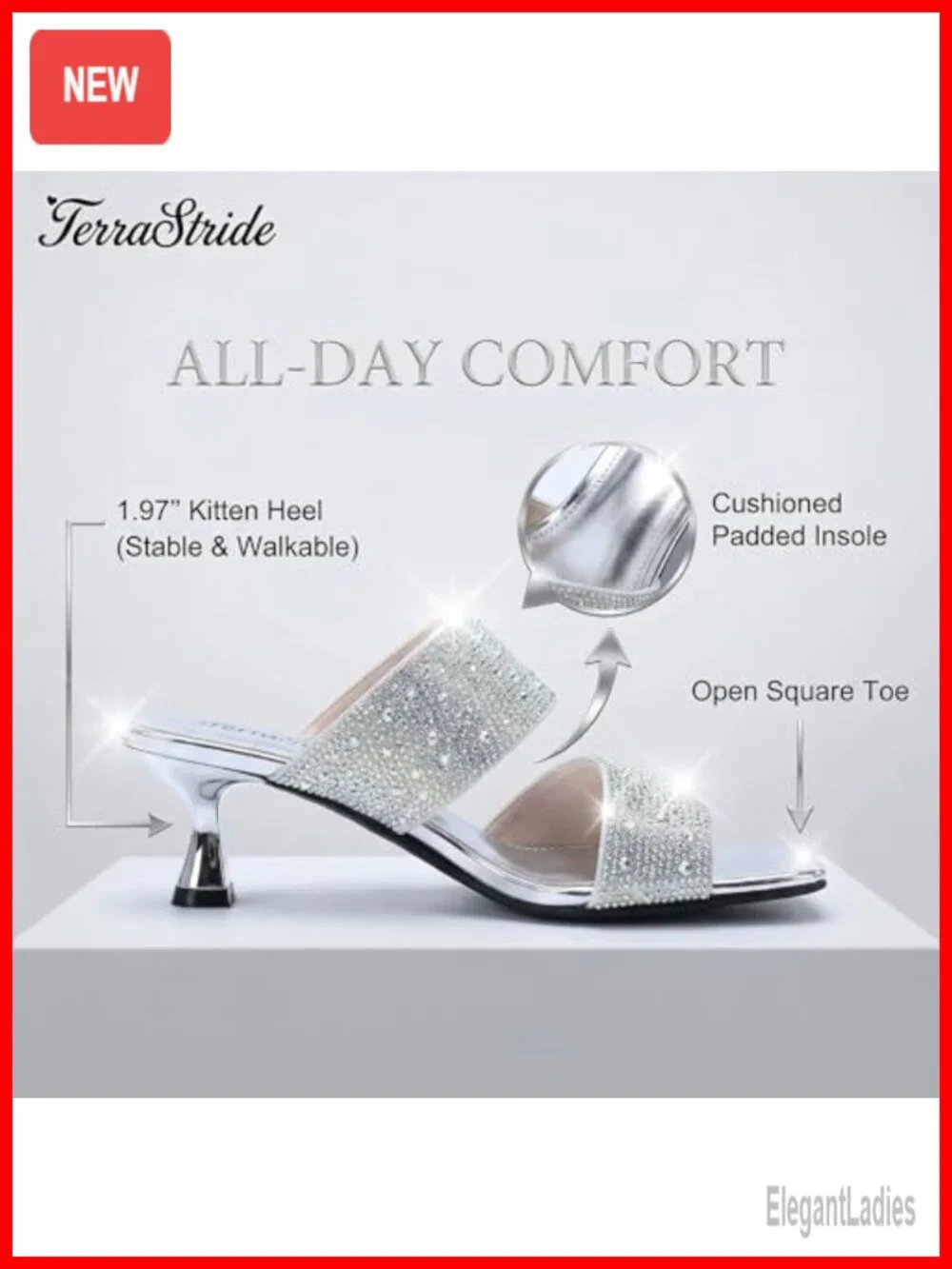 Rhinestone Kitten Heel Sandals Square Open Toe Double Strap Slides Party